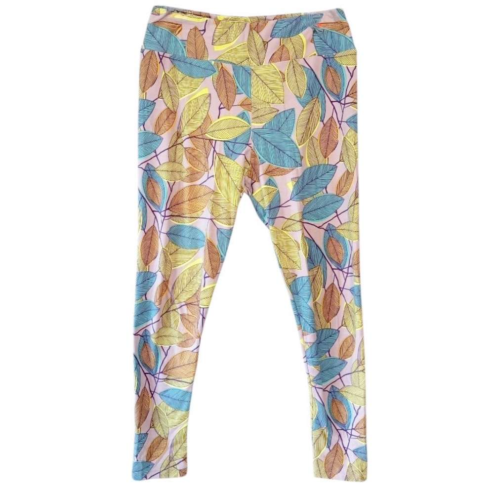 Lularoe Leaf Print Pastel High Waist Pull On Stretch Leggings Tall Curvy OS